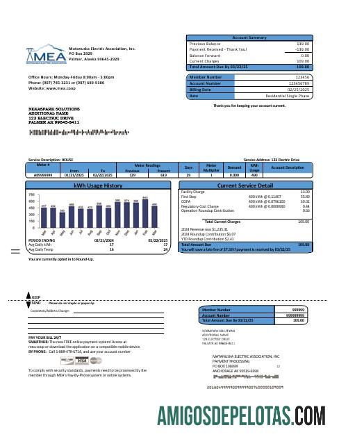 imprimível Modelo de conta de serviços públicos de eletricidade dos EUA MEA Alaska em formatos Word e PDF